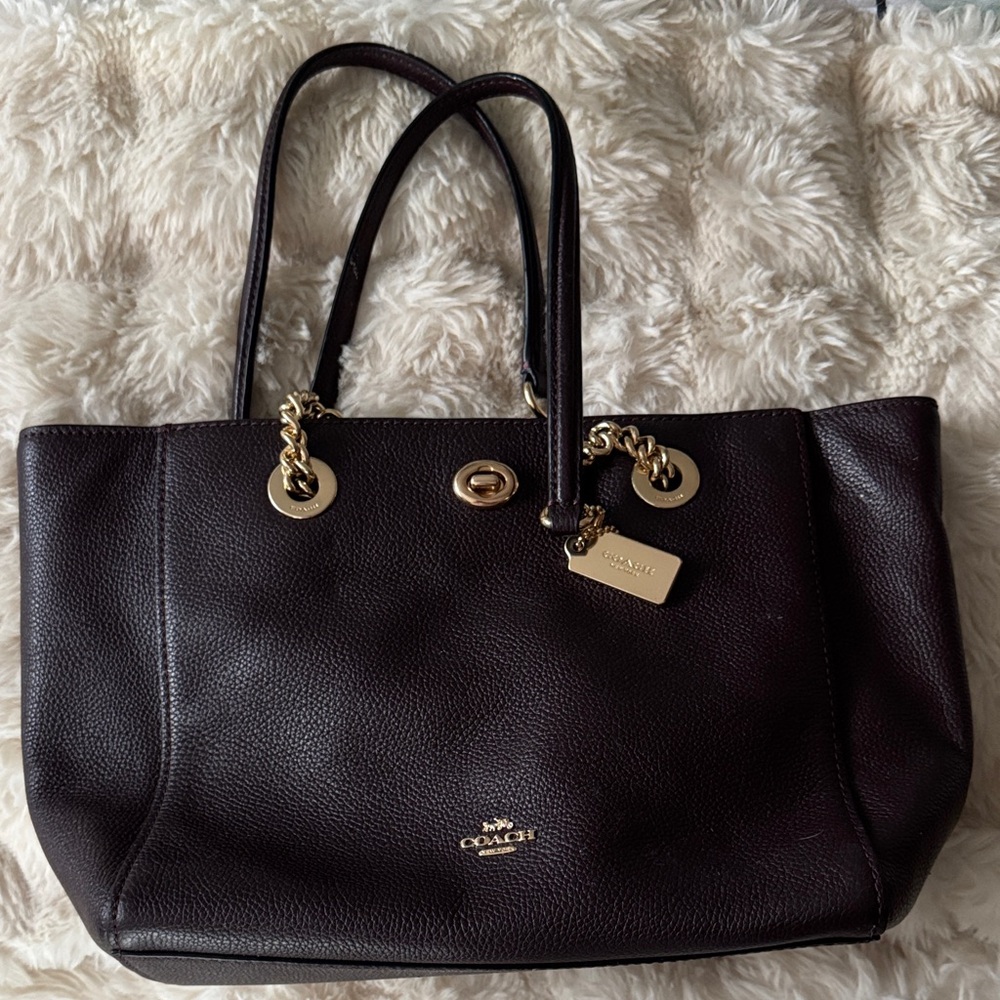 Coach Dark Brown Leather Tote with Gold Hardware